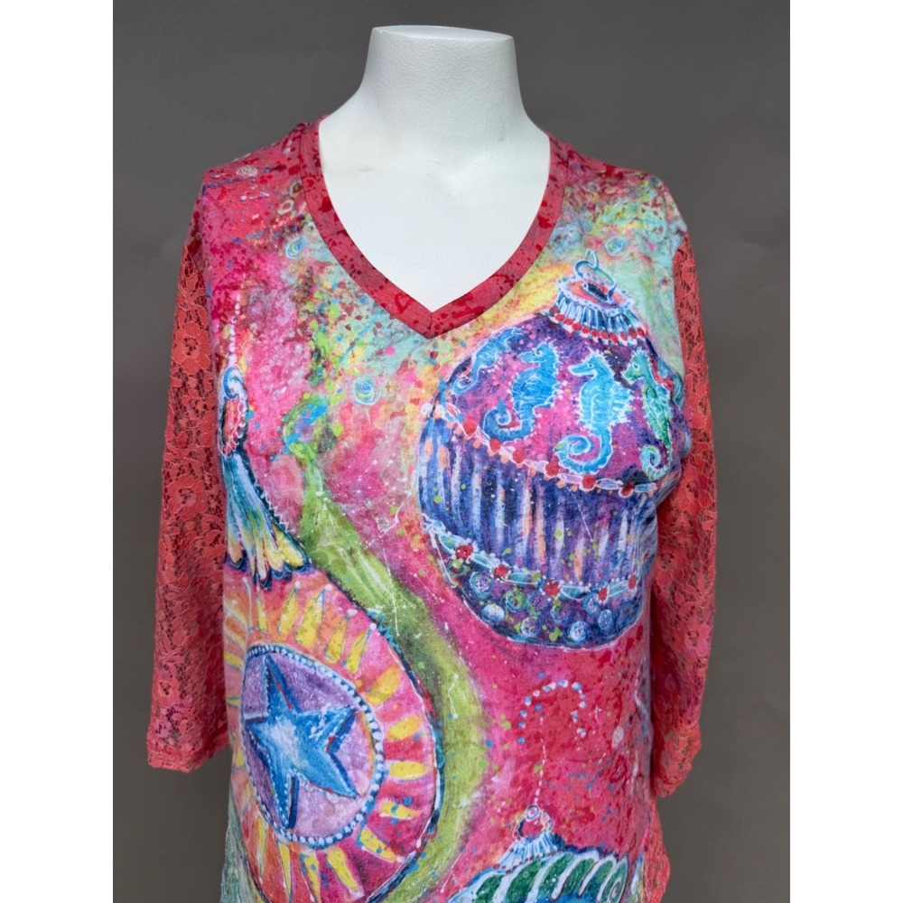 Leoma Lovegrove Top Womans Medium Ocean Christmas Beachy Coastal Asymmetrical - Picture 2 of 14